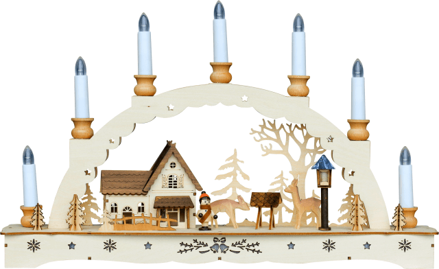 Weihnachtsleuchter Waldmotiv mit Winterkind, Raufe & Rehe 43 * 31 cm