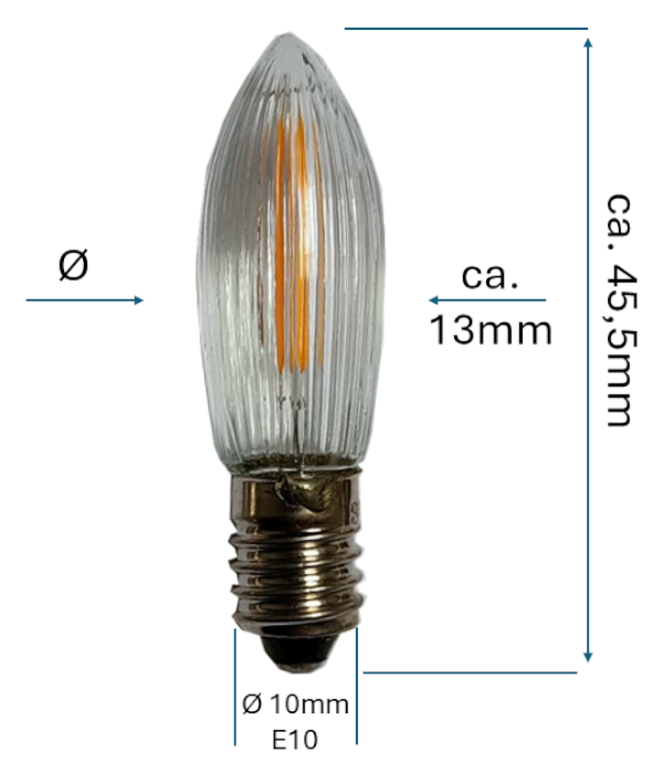 LED Filament Topkerzen als Ersatz für Lichterketten_Abmessungen_Masse_E10_fuer_innen